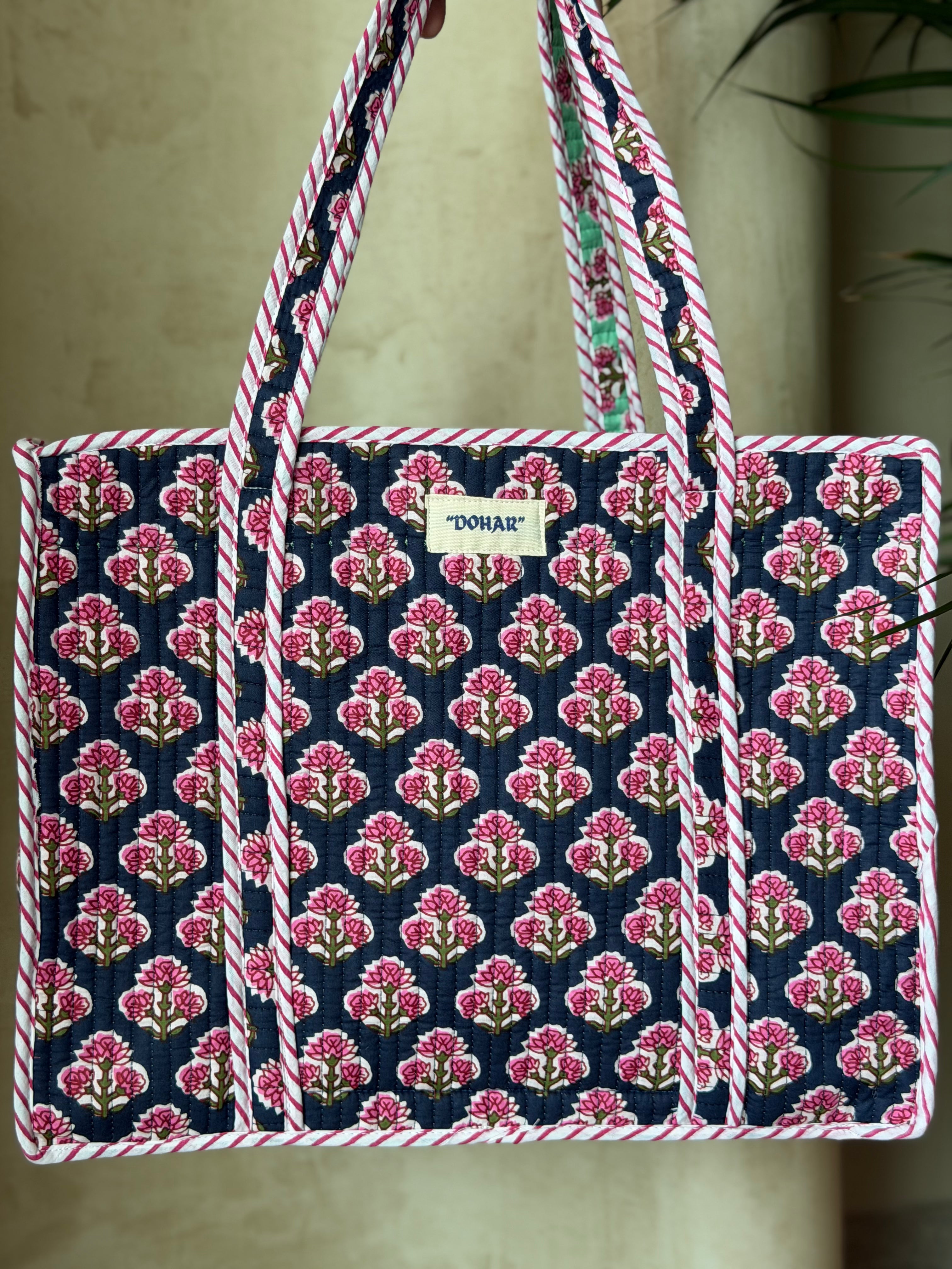 Blue Pink Butta Print Tote Bag