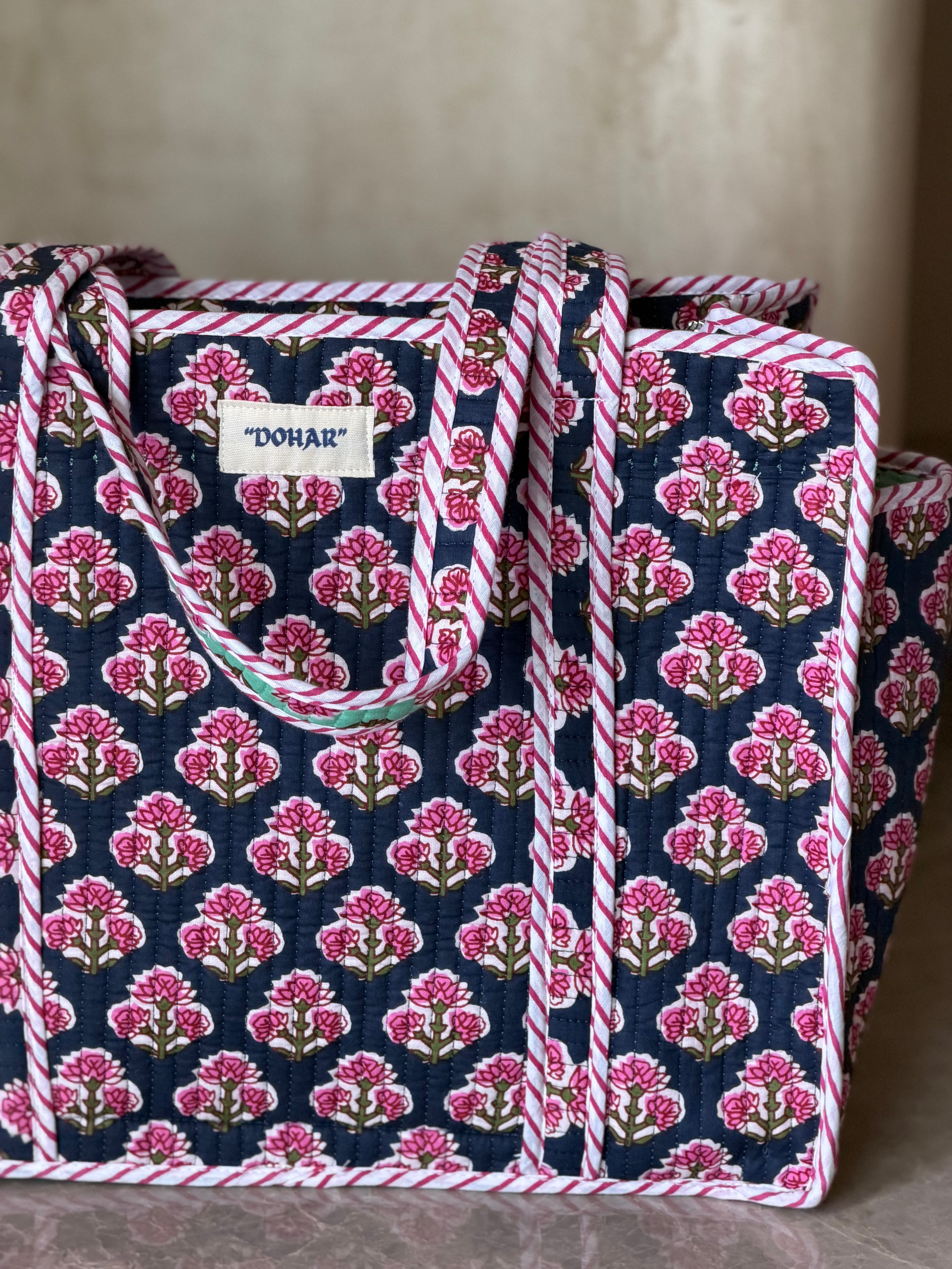 Blue Pink Butta Print Tote Bag