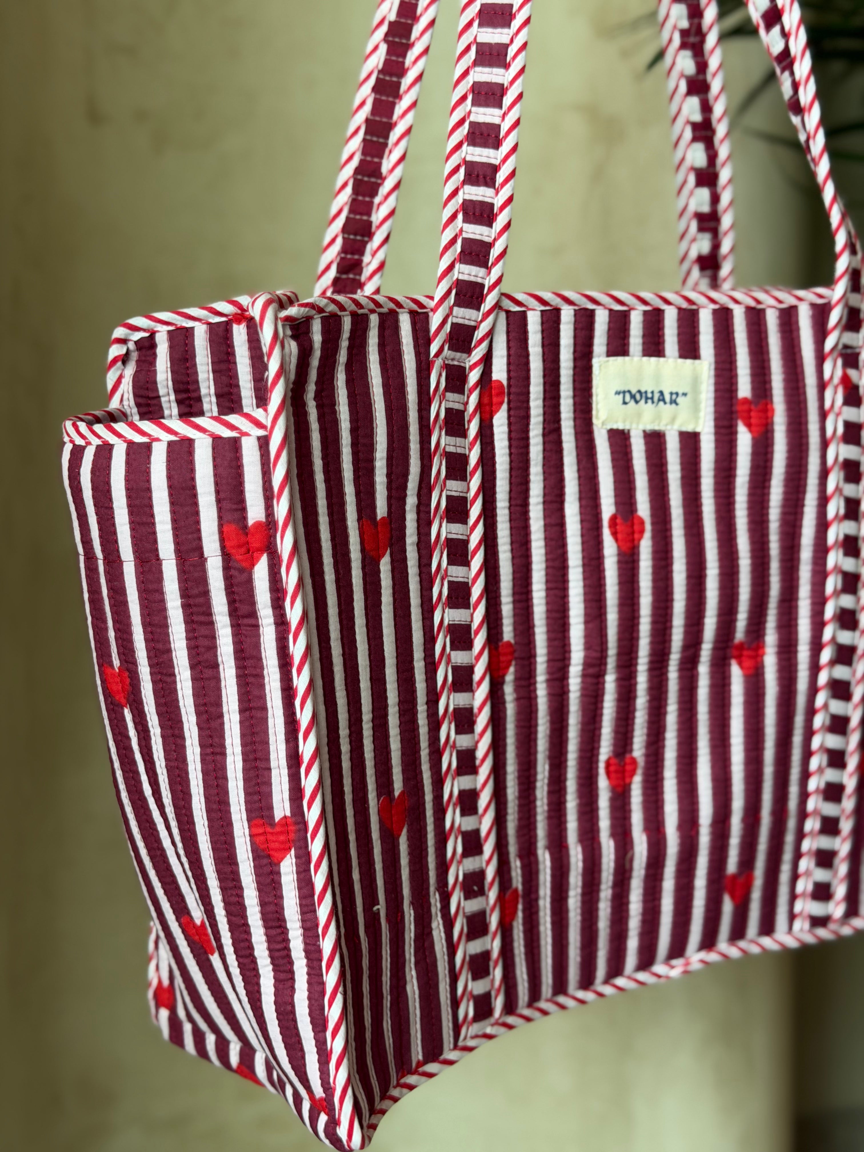 Stripes & Hearts Print Tote Bag