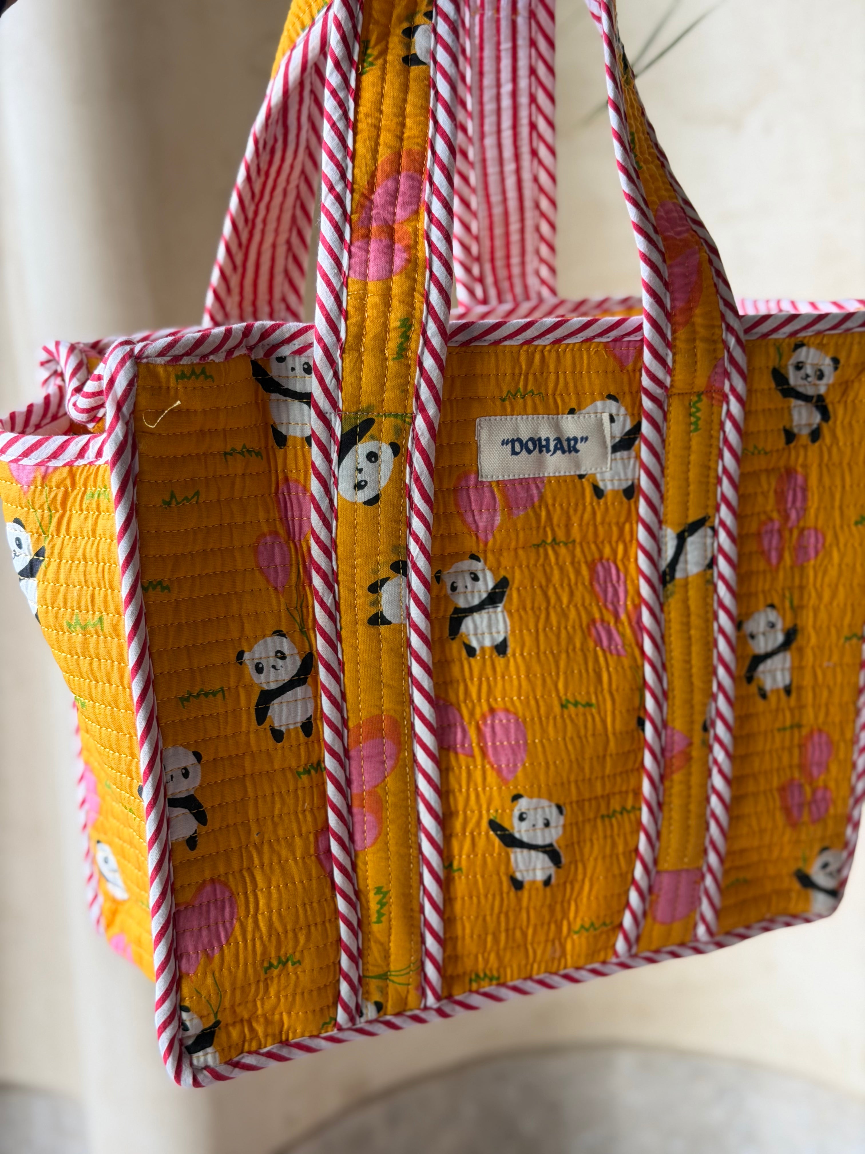 Yellow Panda Print Tote Bag