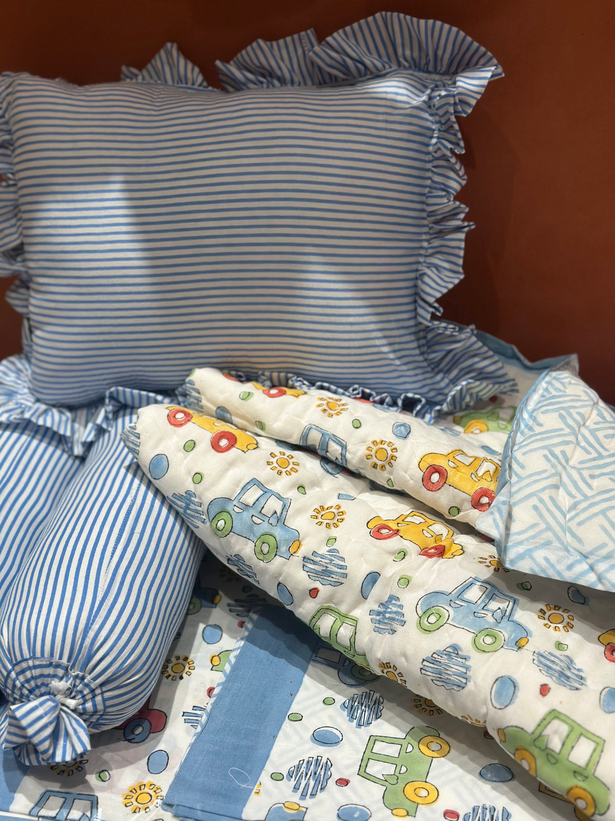 Vroom Kids Cot Set – Premium Cotton Bedding Set with Pre-Filled Bolsters & Pillow