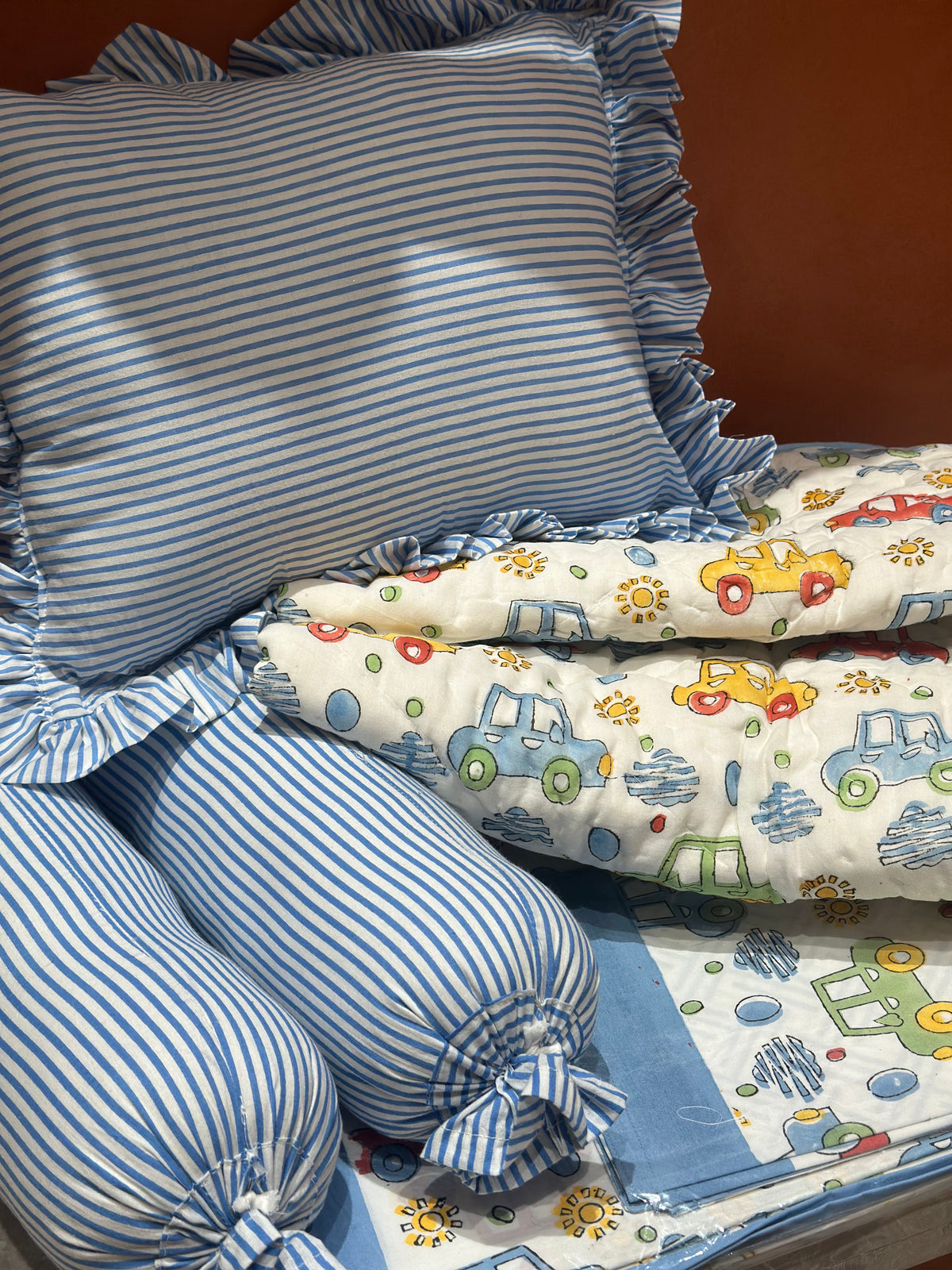 Vroom Kids Cot Set – Premium Cotton Bedding Set with Pre-Filled Bolsters & Pillow