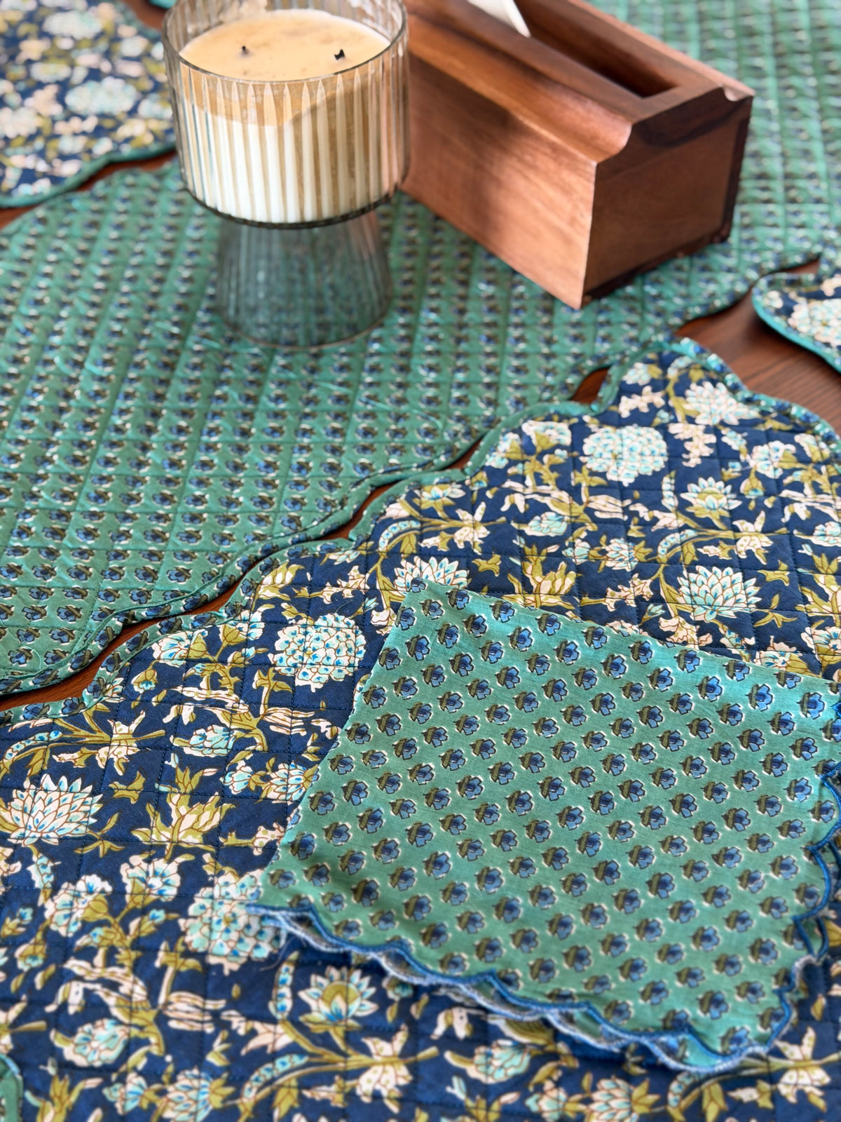 Elegant Indigo Blue and Green Floral Reversible Tableware Set