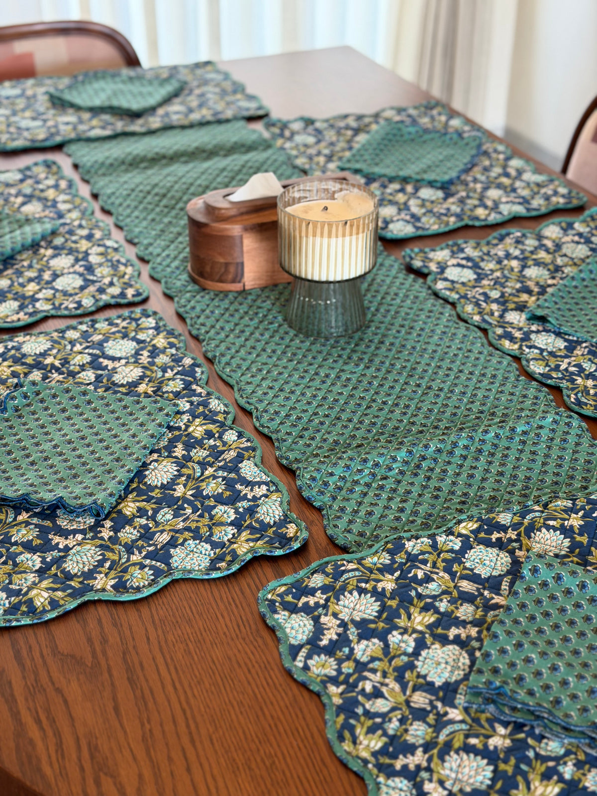 Elegant Indigo Blue and Green Floral Reversible Tableware Set