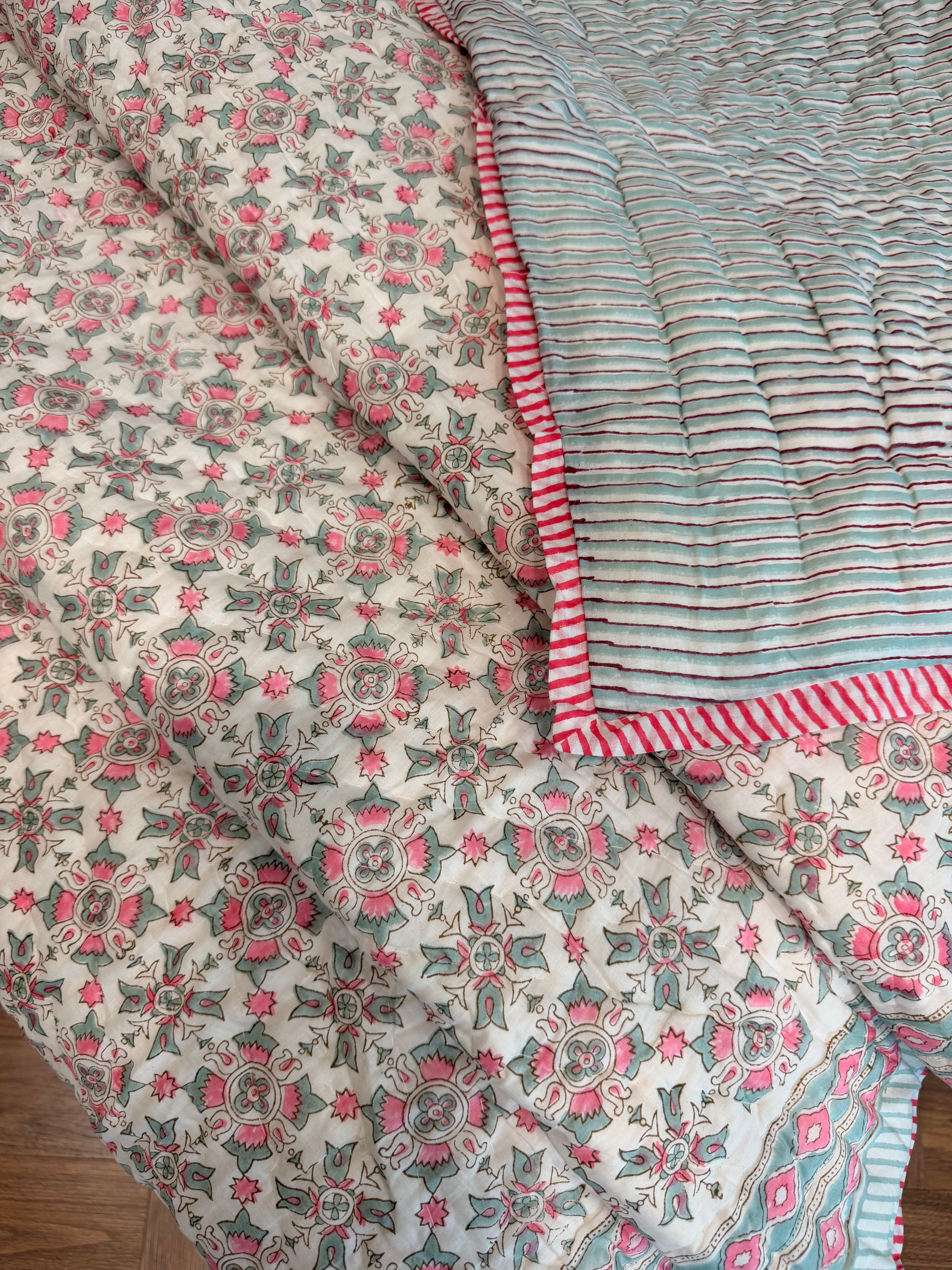 Pink Abstract Jaal Double Bed Quilt