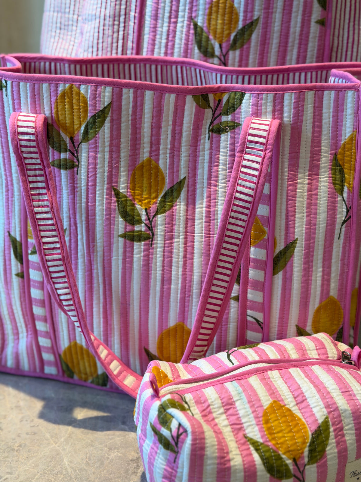 Amalfi Coast Pink Lemon Reversible Tote Bag with Matching Kit