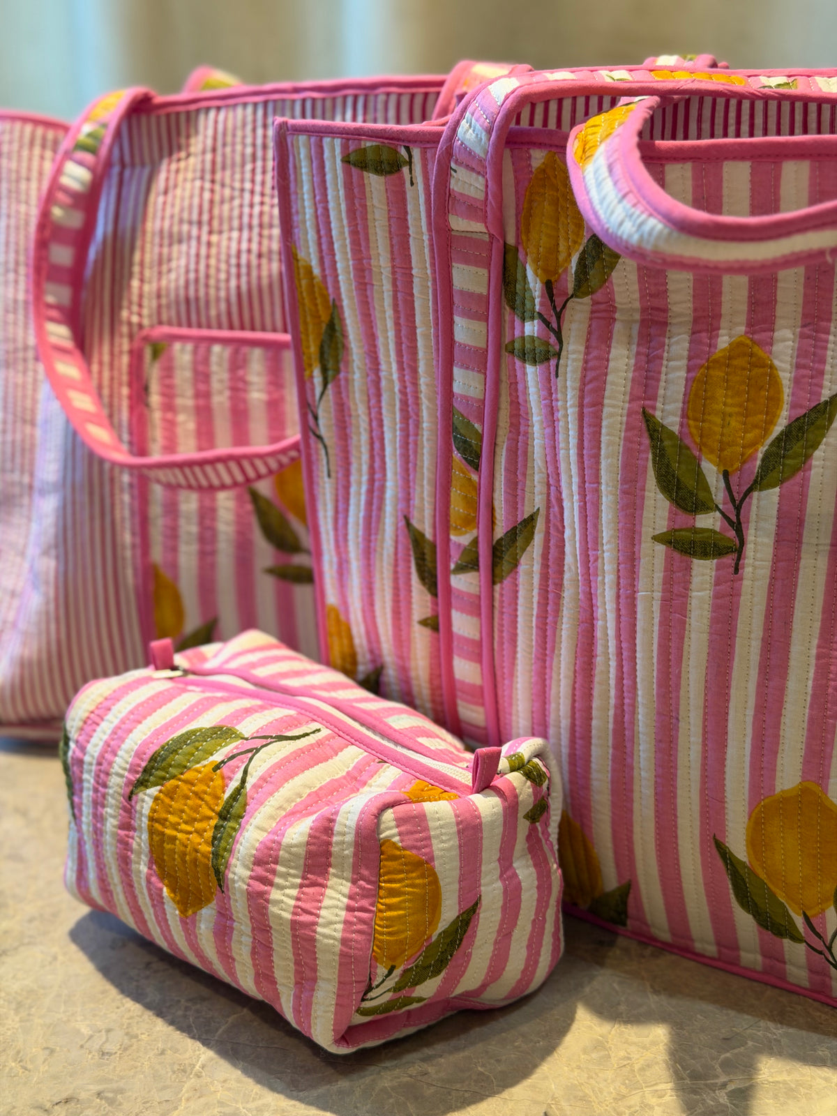 Amalfi Coast Pink Lemon Reversible Tote Bag with Matching Kit