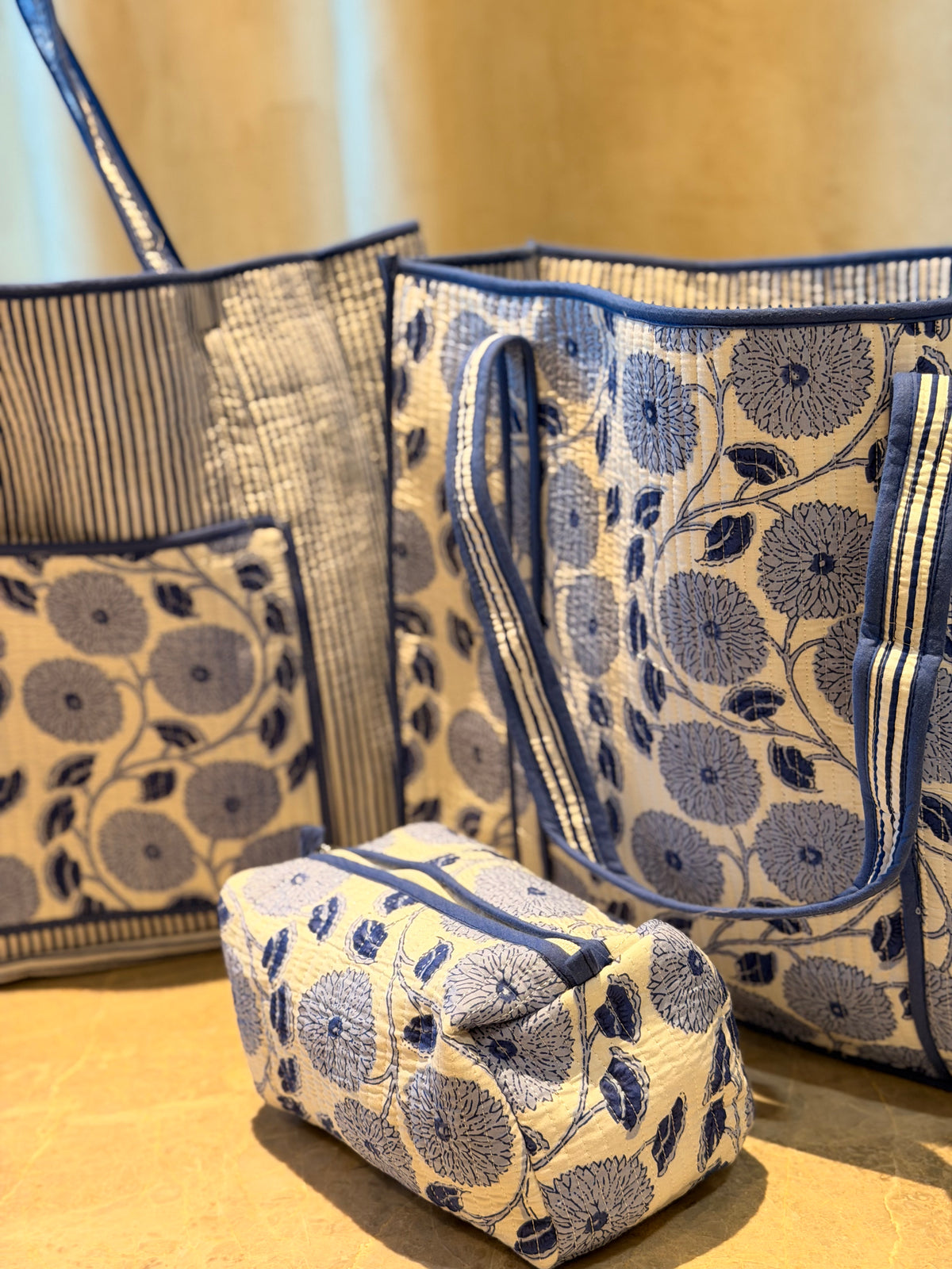 Indigo Floral Reversible Tote Bag with Matching Kit