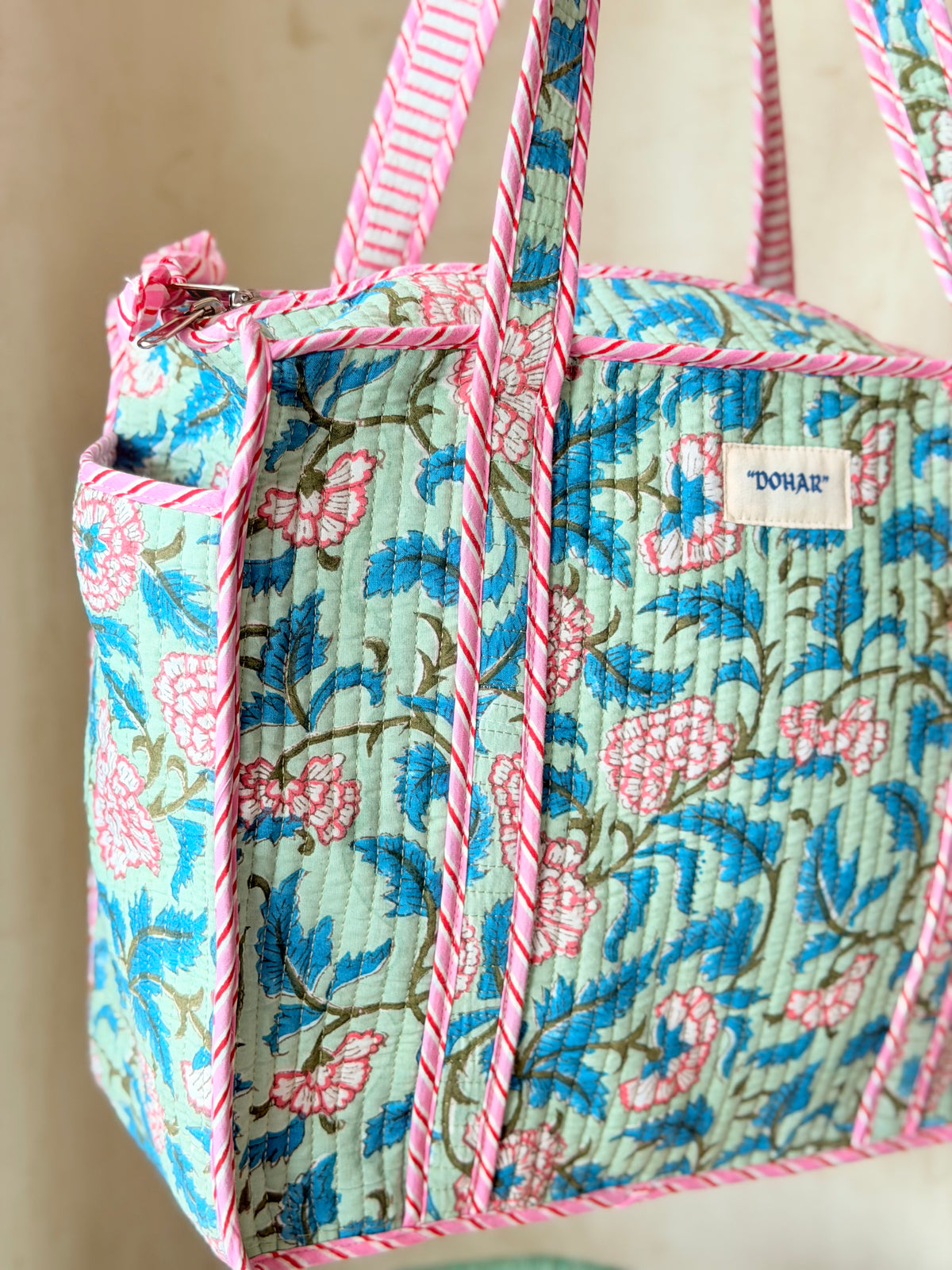 Blue and Green Floral Print Tote Bag