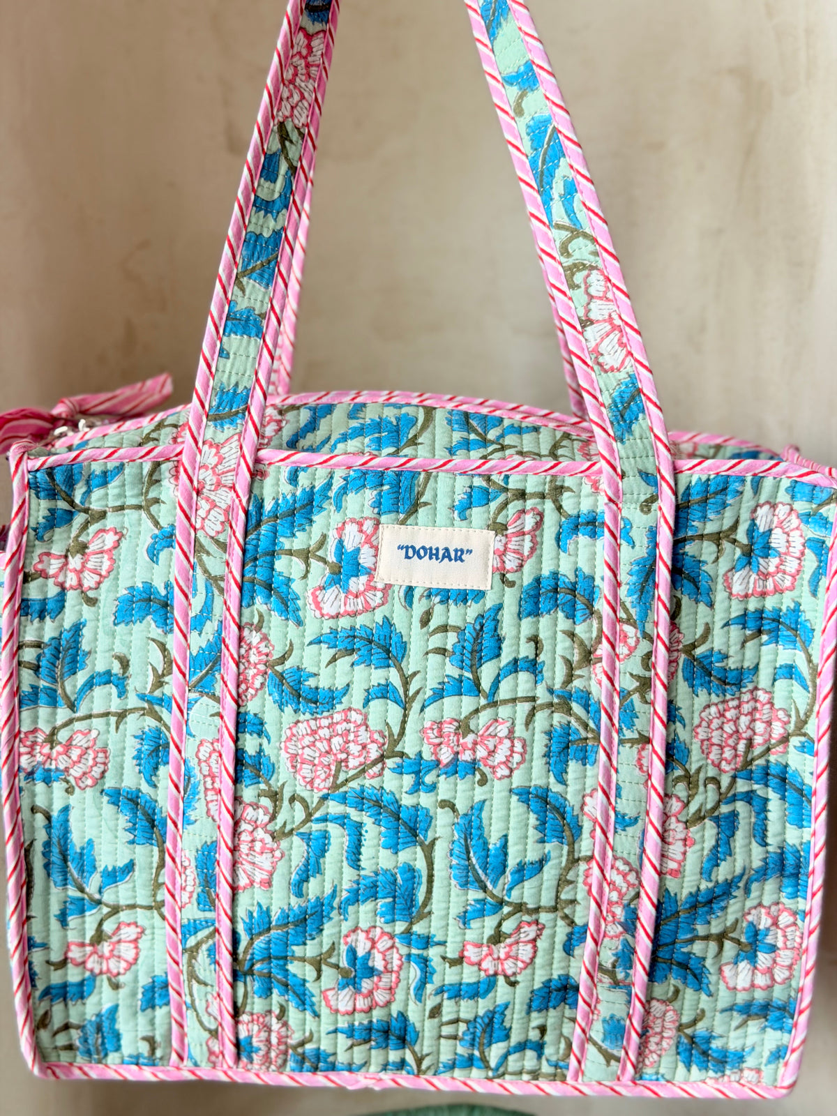 Blue and Green Floral Print Tote Bag