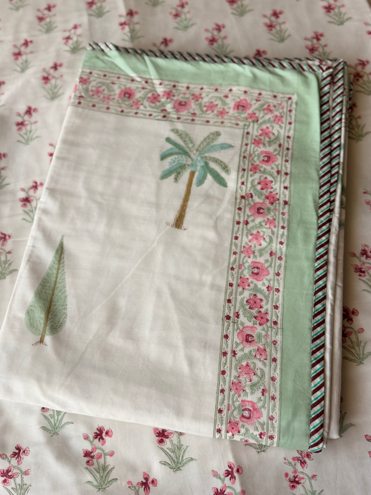 Pink Green Butta Adult Single Bed Dohar Set of 2
