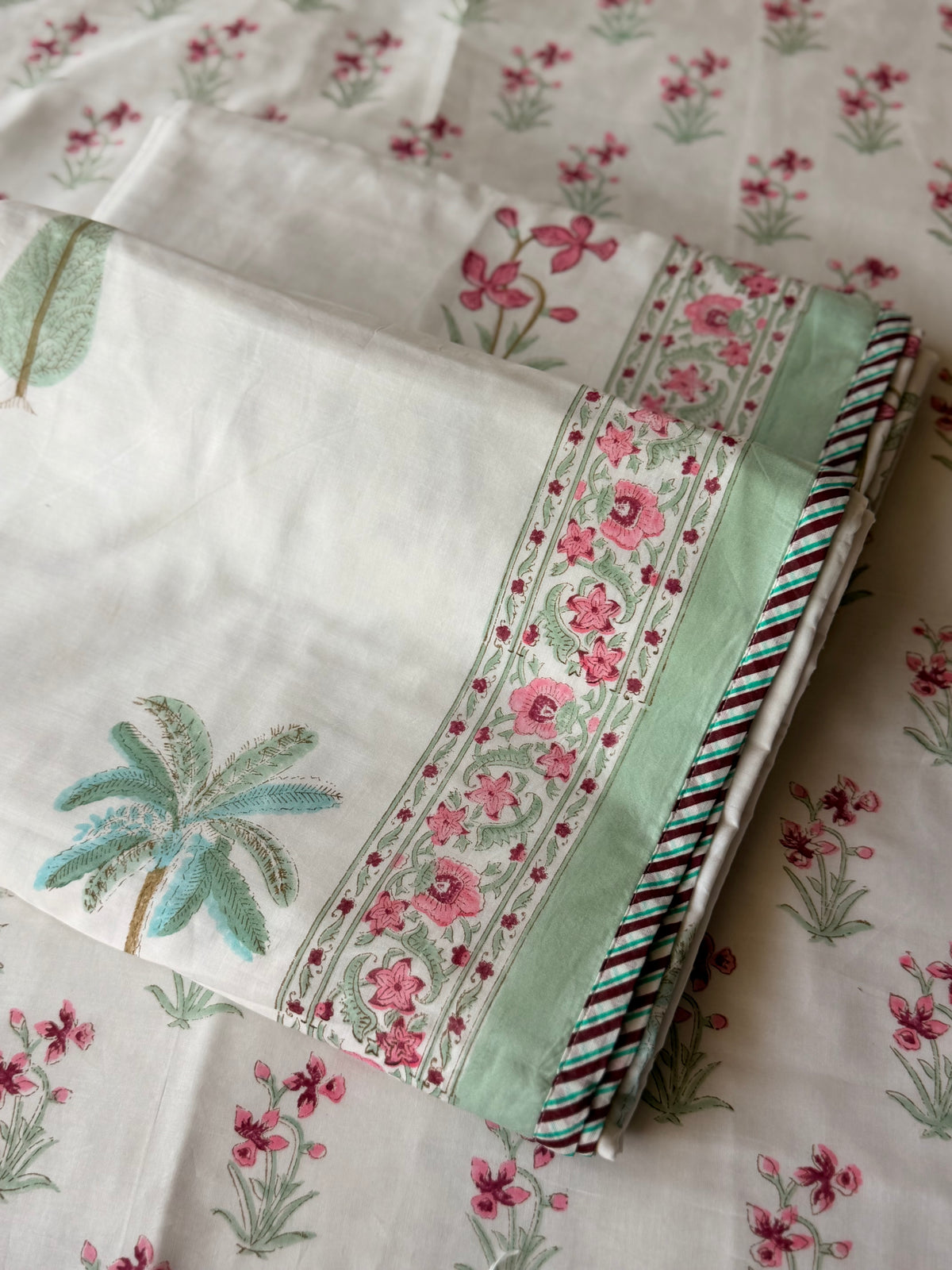 Pink Green Butta Adult Single Bed Dohar Set of 2